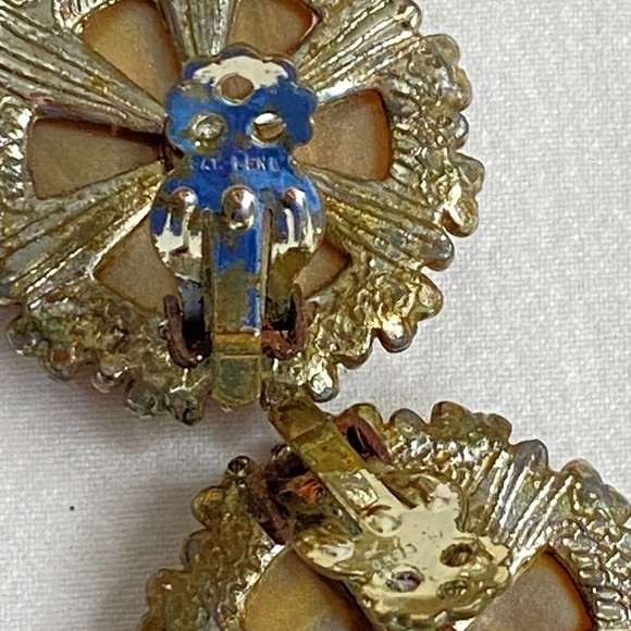 Signed Earrings Large Amber Stone Button Clip On - Picture 7 of 10